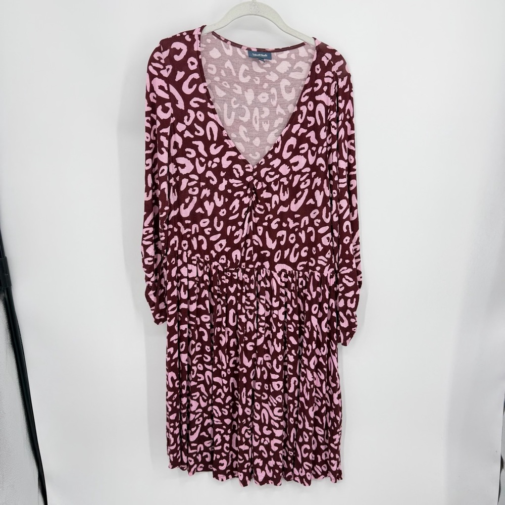 ModCloth Comfortably Curious long‎ sleeve dress burgundy pink leopard v neck 1X